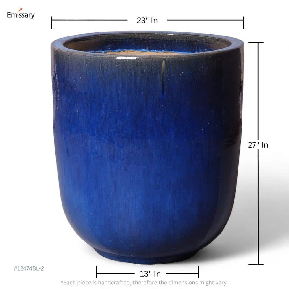 Emissary 24 in. D x 27 in. H Blue Ceramic Round Planter with Drainage Hole 12474BL-2