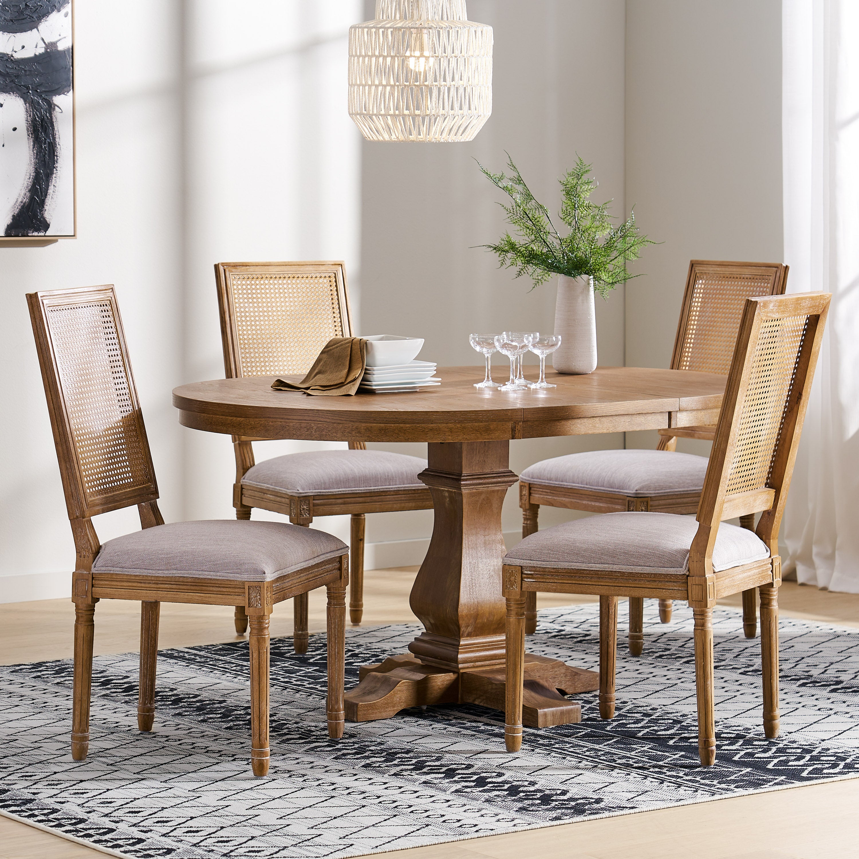 Brownell French Country Wood and Cane 5-Piece Expandable Oval Dining Set