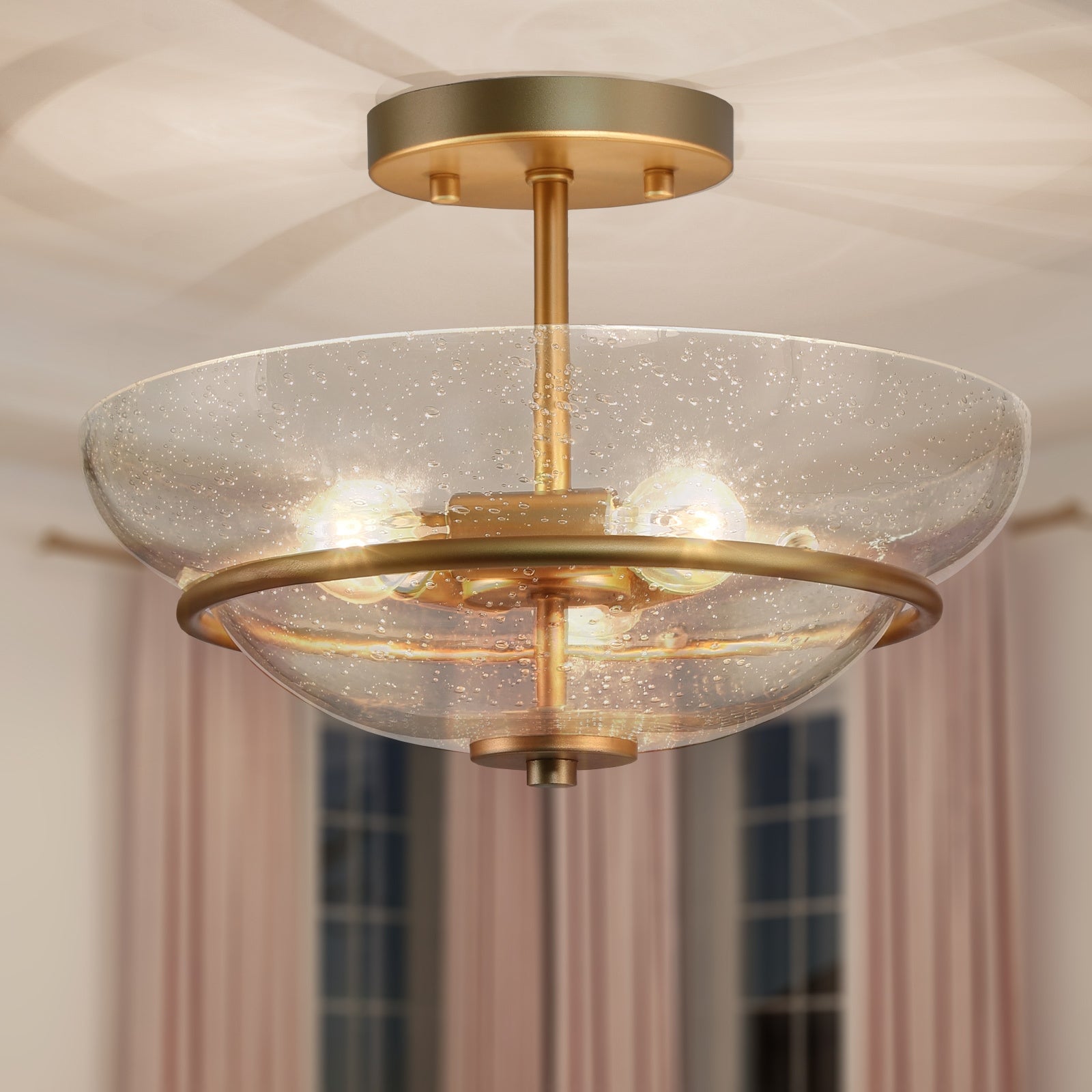 Modern Gold 3-light Semi-flush Mount Bowl Seeded Glass LED Dimmable Ceiling Lights - D12'' * H9''