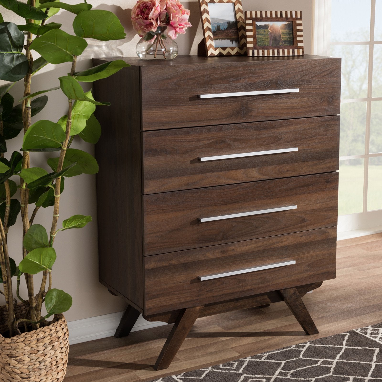 Baxton Studio Auburn Mid-Century Modern Walnut Brown Finished Wood 4-Drawer Chest