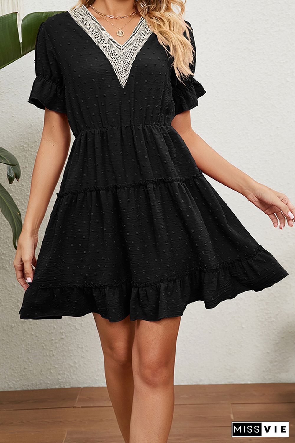 V Neck Lace Crochet Ruffle Mini Dress