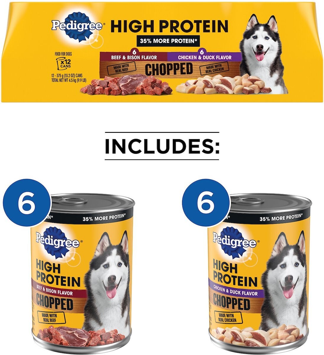 Pedigree High Protein Chopped Beef and Bison Flavor and Chopped Chicken and Duck Flavor Canned Soft Wet Dog Food Variety Pack， 13.2-oz. cans