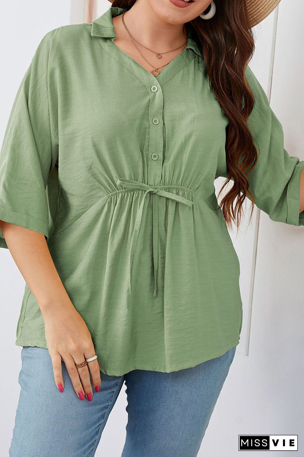 Button Down Front Tie Frill Plus Size Top Wholesale