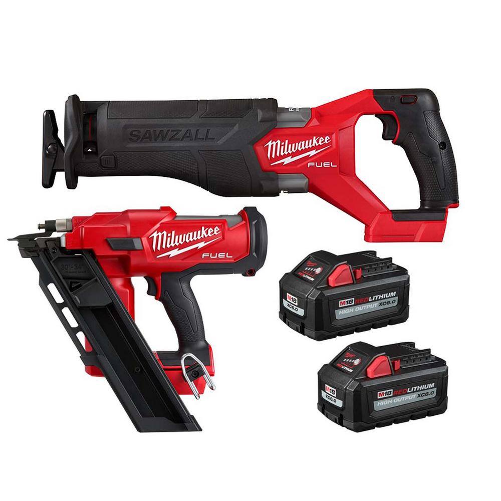 MW M18 FUEL GEN-2 18V Lithium-Ion Brushless Cordless SAWZALL w3-12 in. 30-Degree Framing Nailer Two 6Ah HO Batteries 2821-20-2745-20-48-11-1862