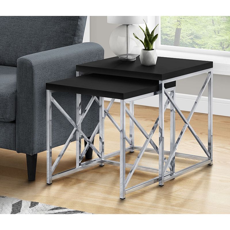 Monarch Specialties 2 Piece Square Nesting Accent Table Set， Black and Chrome