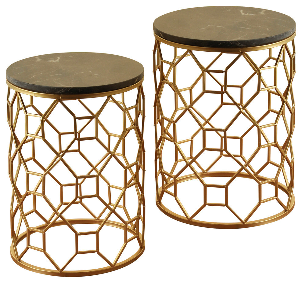 Round Marble Side Tables Light Brown Marble Top Gold  2 Piece Set   Contemporary   Coffee Table Sets   by Buildcom  Houzz