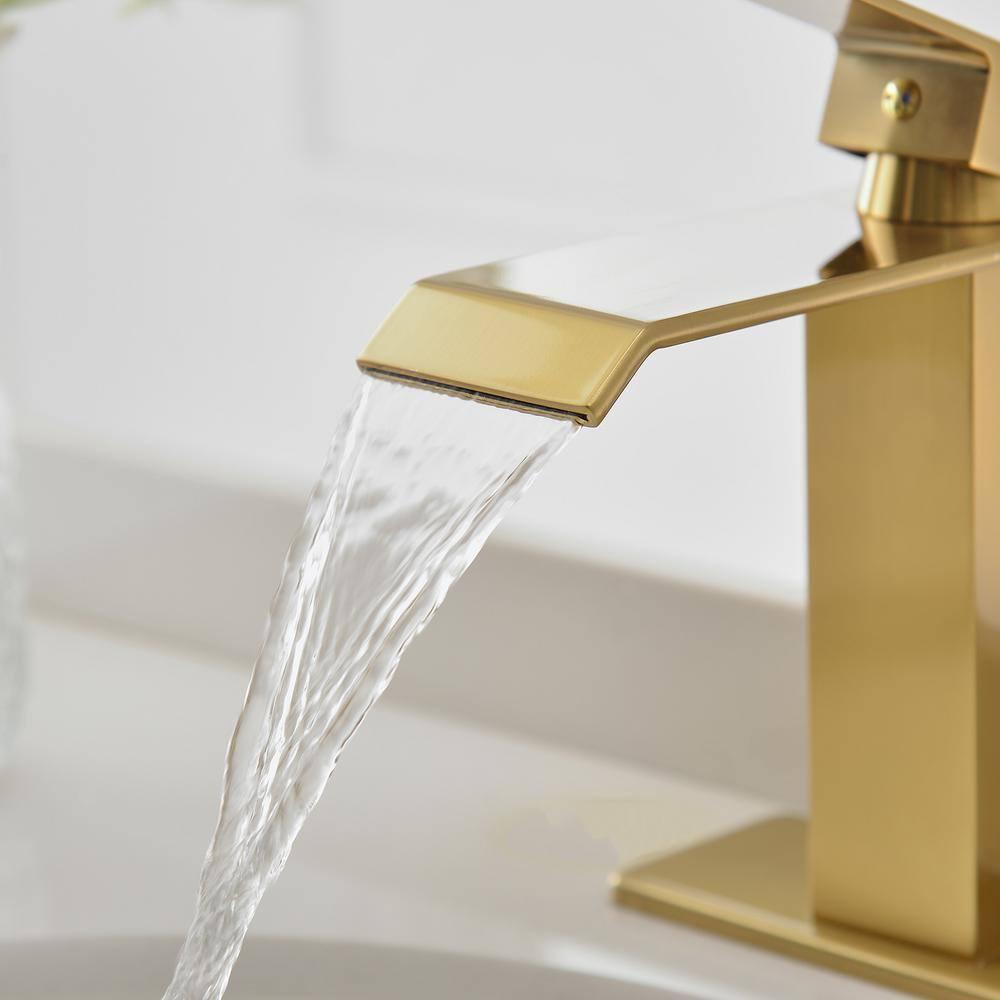 BWE Waterfall Single Hole SingleHandle LowArc Bathroom Faucet With Popup Drain Assembly in Brushed Gold