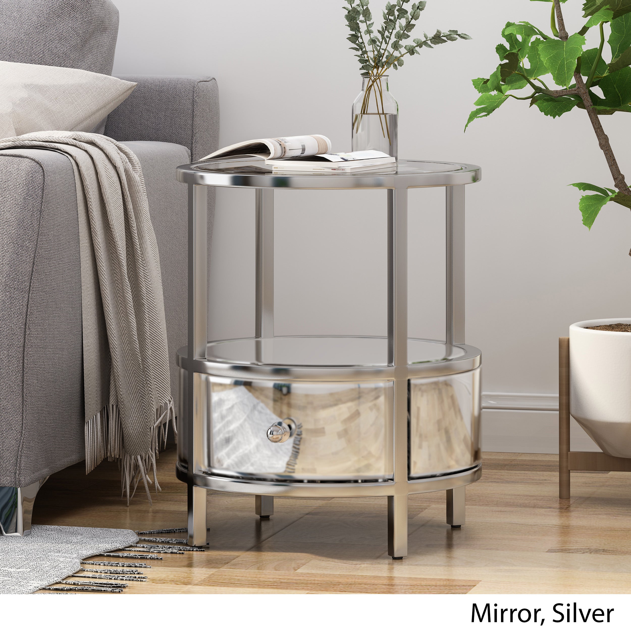 Celina Modern Round End Table with Tempered Glass Drawers and Stainless Steel Frame, Silver