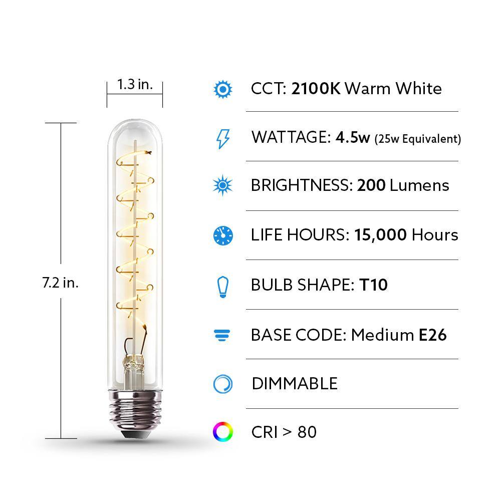 Feit Electric 25-Watt Equivalent T10 Dimmable Spiral Filament Large Clear Glass E26 Vintage Edison LED Light Bulb Warm White T10LSCLLEDHDRP