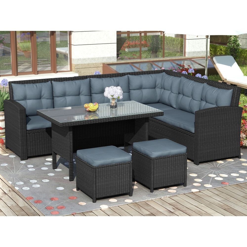 Patio 6 piece Outdoor Sectional Sofa with Glass Table Set