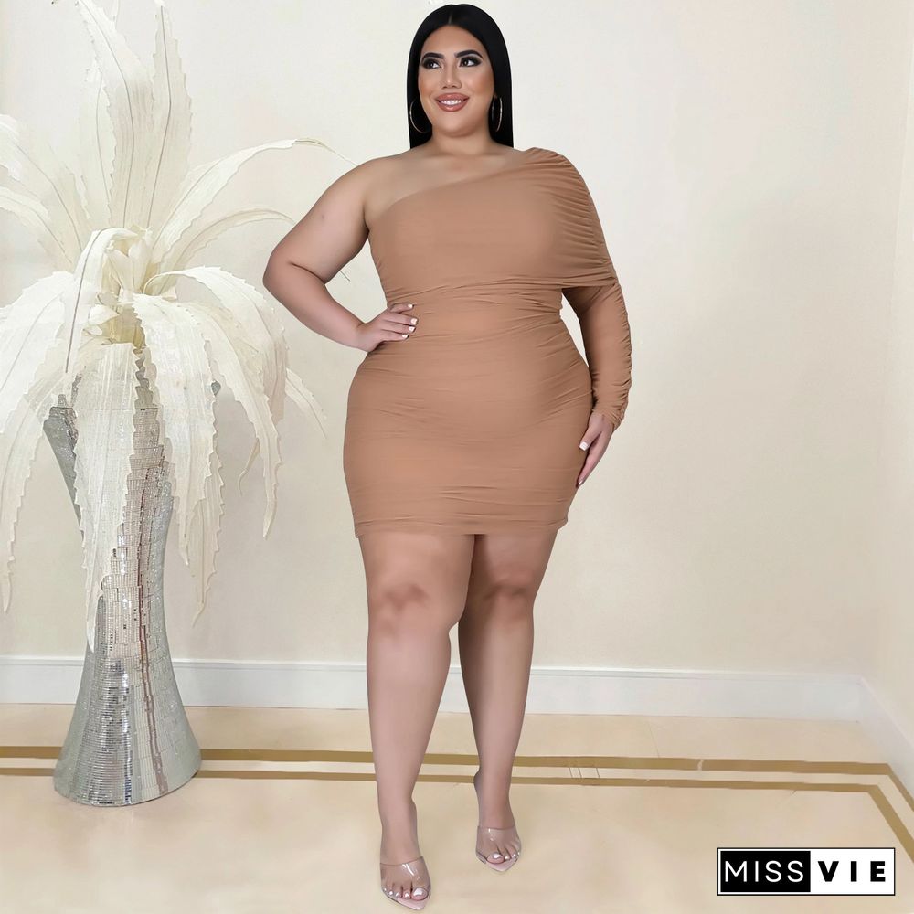 Plus Size Mesh Solid Single Sleeve Bodycon Dress