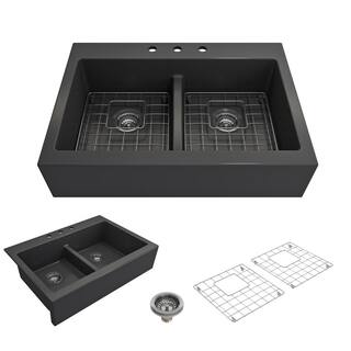 BOCCHI Nuova Matte Dark Gray Fireclay 34 in. Double Bowl Drop-In Apron Front Kitchen Sink with Protective Grids and Strainers 1501-020-0127