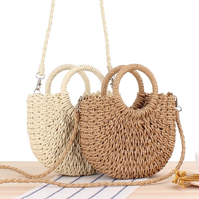 Women's Handbag Crossbody Bag Straw Bag Straw Holiday Beach Large Capacity Breathable Solid Color Folk off white khaki