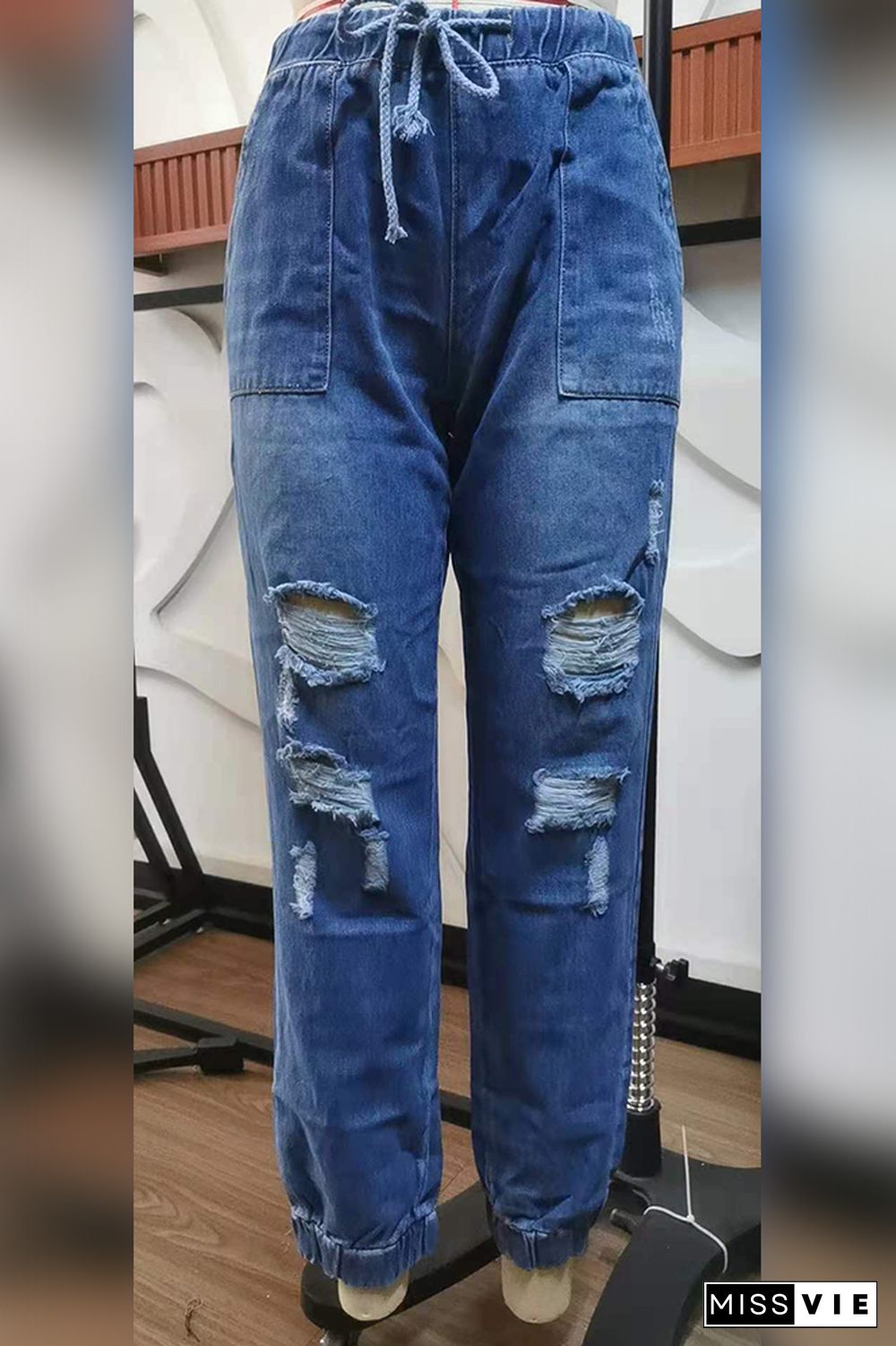 Drawstring Distressed Straight Leg Denim Pants Wholesale Boutique