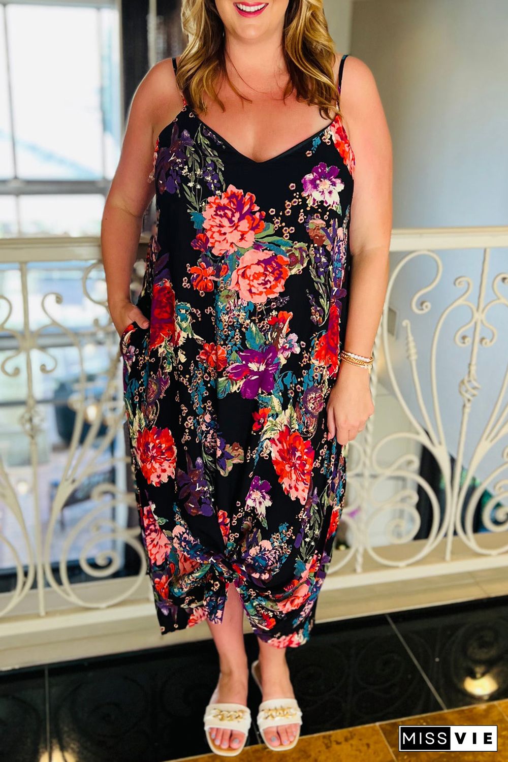 Black Plus Size Floral Print Thin Straps Maxi Dress