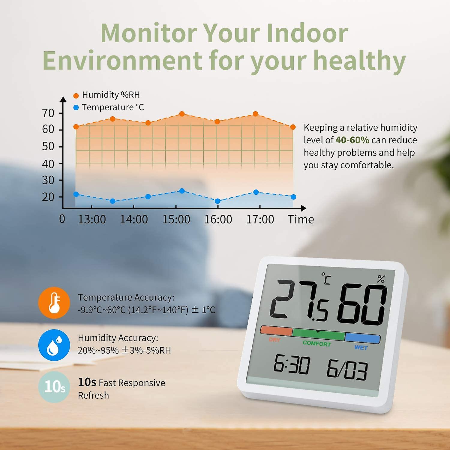 Mute Temperature And Humidity Clock Home Hygrometer Baby Room C/f Moisture Monitor Meter 3.34inch Lcd Display