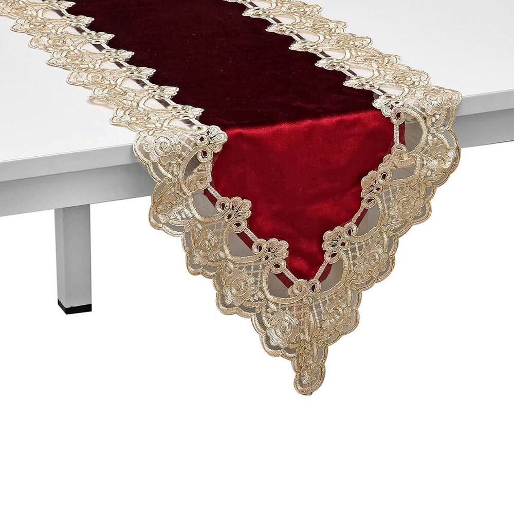 Damask Pattern Polyester Velvet Table Runner with Gold Lace Border