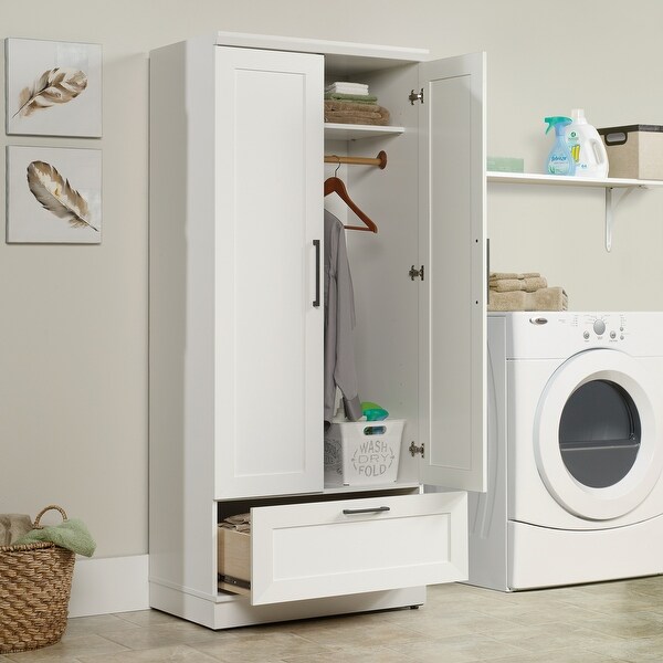 Wood Wardrobe with Drawer and Adjustable Base Level in White - - 36787133