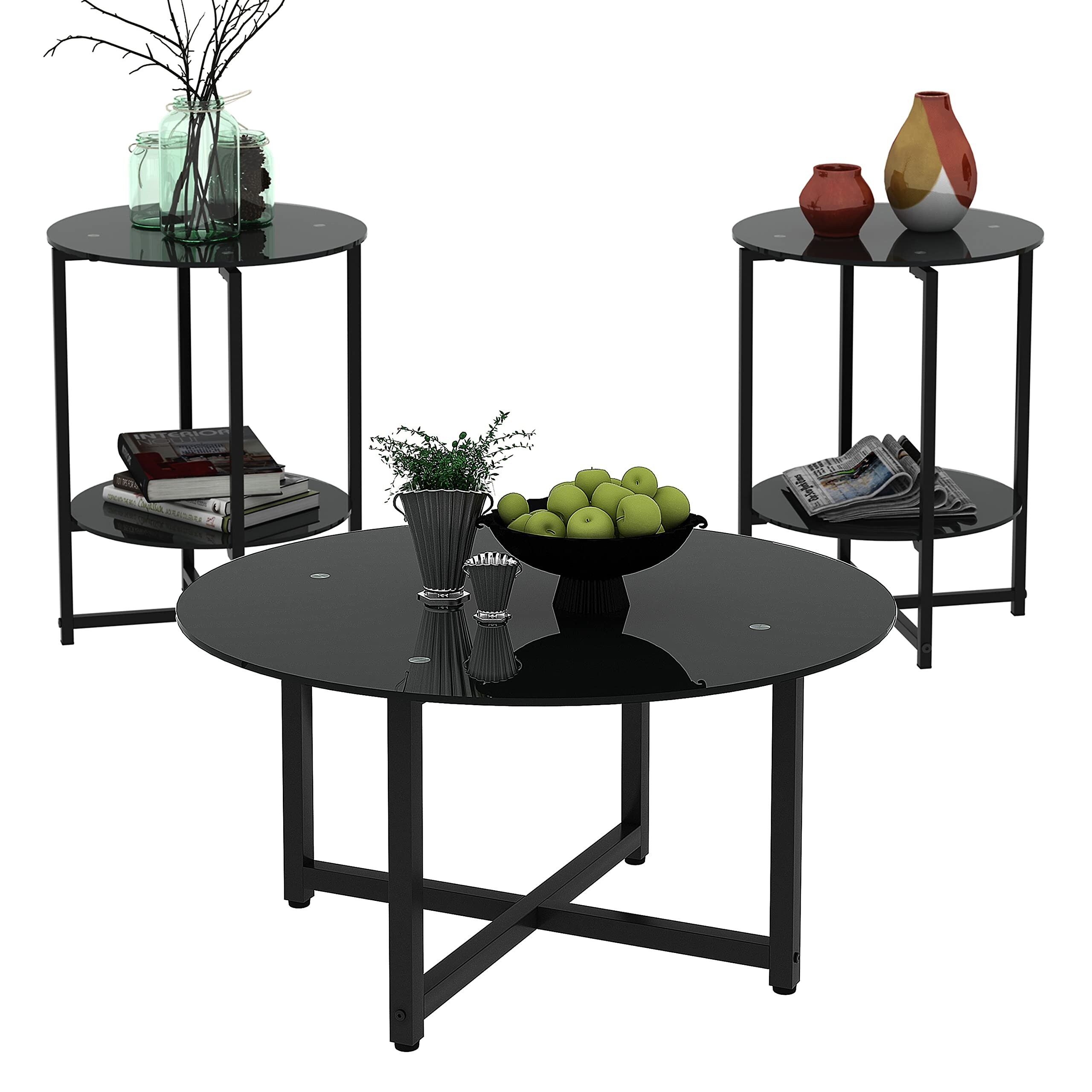 Round Glass Coffee Table End Table Sets of 3 for Living Room， Mordern Black Sofa Side Tables - as picture