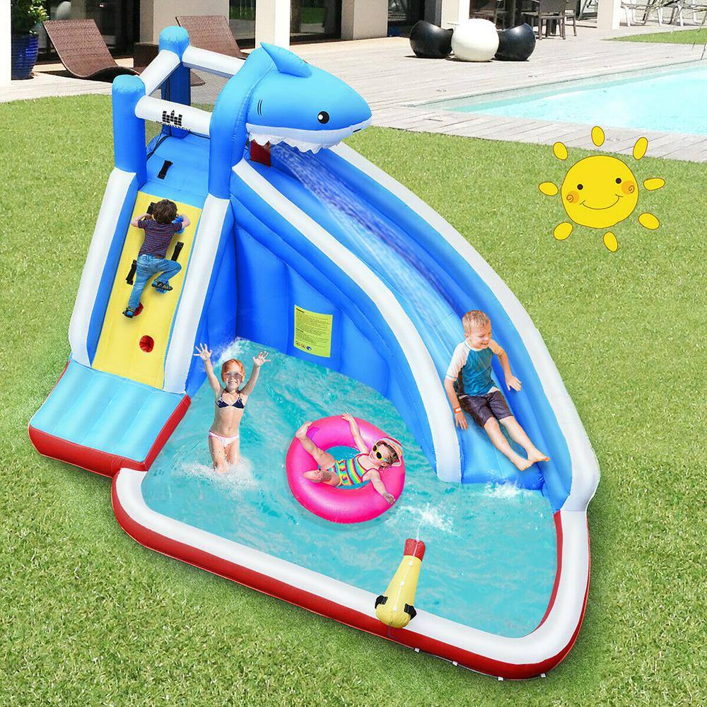 Costway Multi-Color Inflatable Water Slide Shark Bounce House Castle Splash Water Pool without Blower OP70399