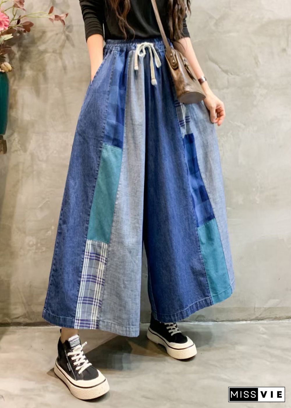 Unique Blue Pockets Elastic Waist Patchwork Wide Leg Pants Fall