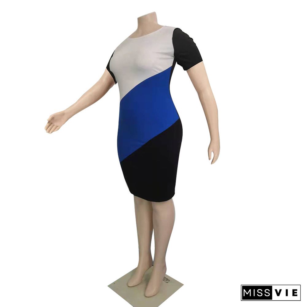 Color Block Short Sleeve Plus Size Pencil Dresses