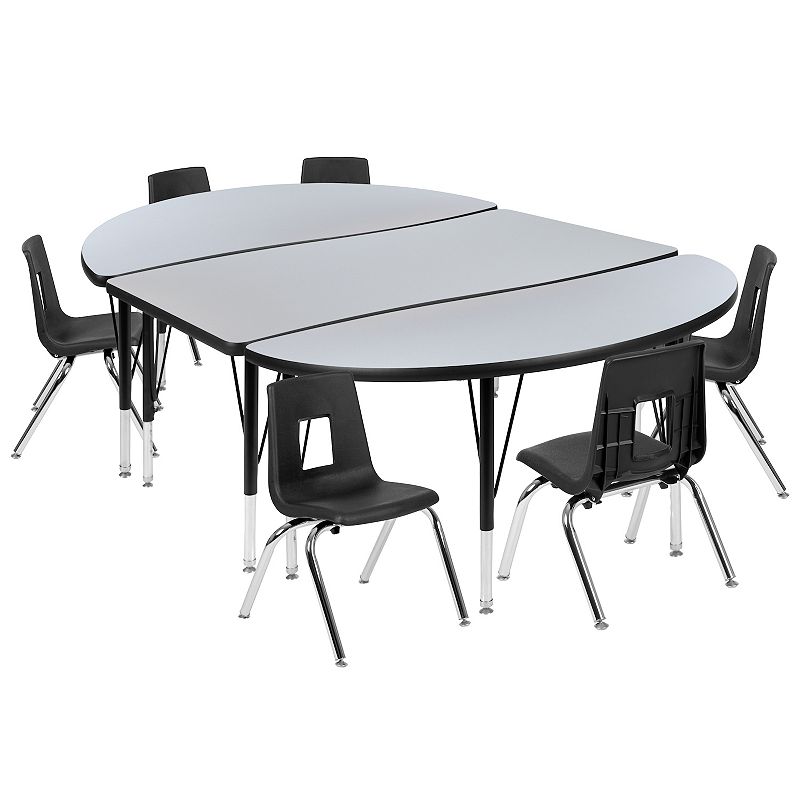 Emma and Oliver 76 Oval Wave Activity Table Set with 12 Student Stack Chairs， Grey/Black