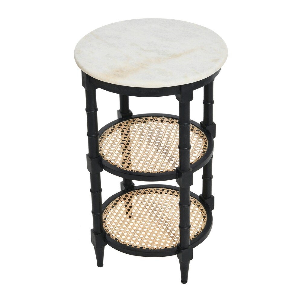 End Table with Genuine Marble Top and 2 Woven Cane Storage Shelves