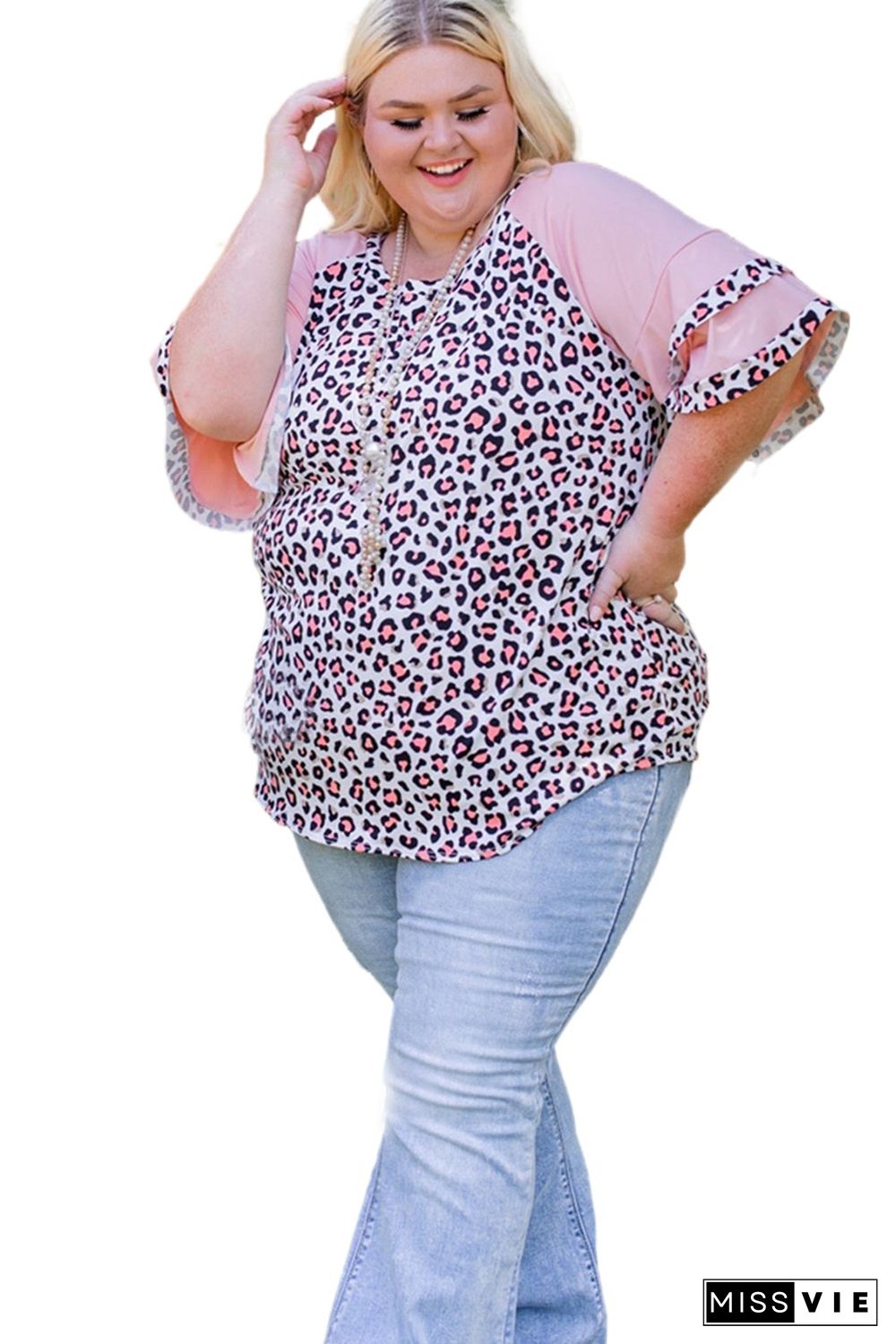 Pink Plus Size Ruffle Raglan Sleeve Leopard Top