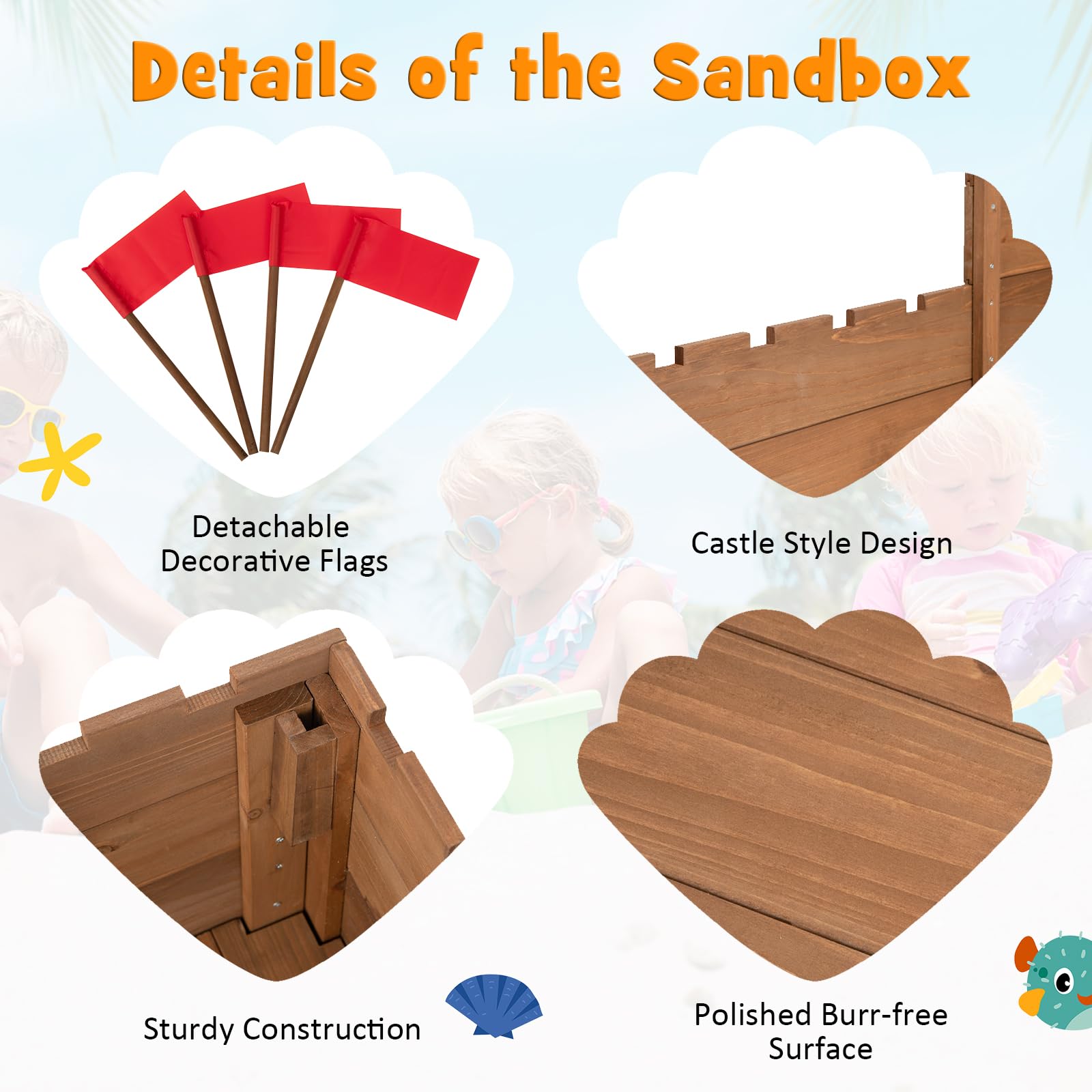 Costzon Cedar Wood Sandbox, Outdoor Sandpit w/Built-in Bench Seats