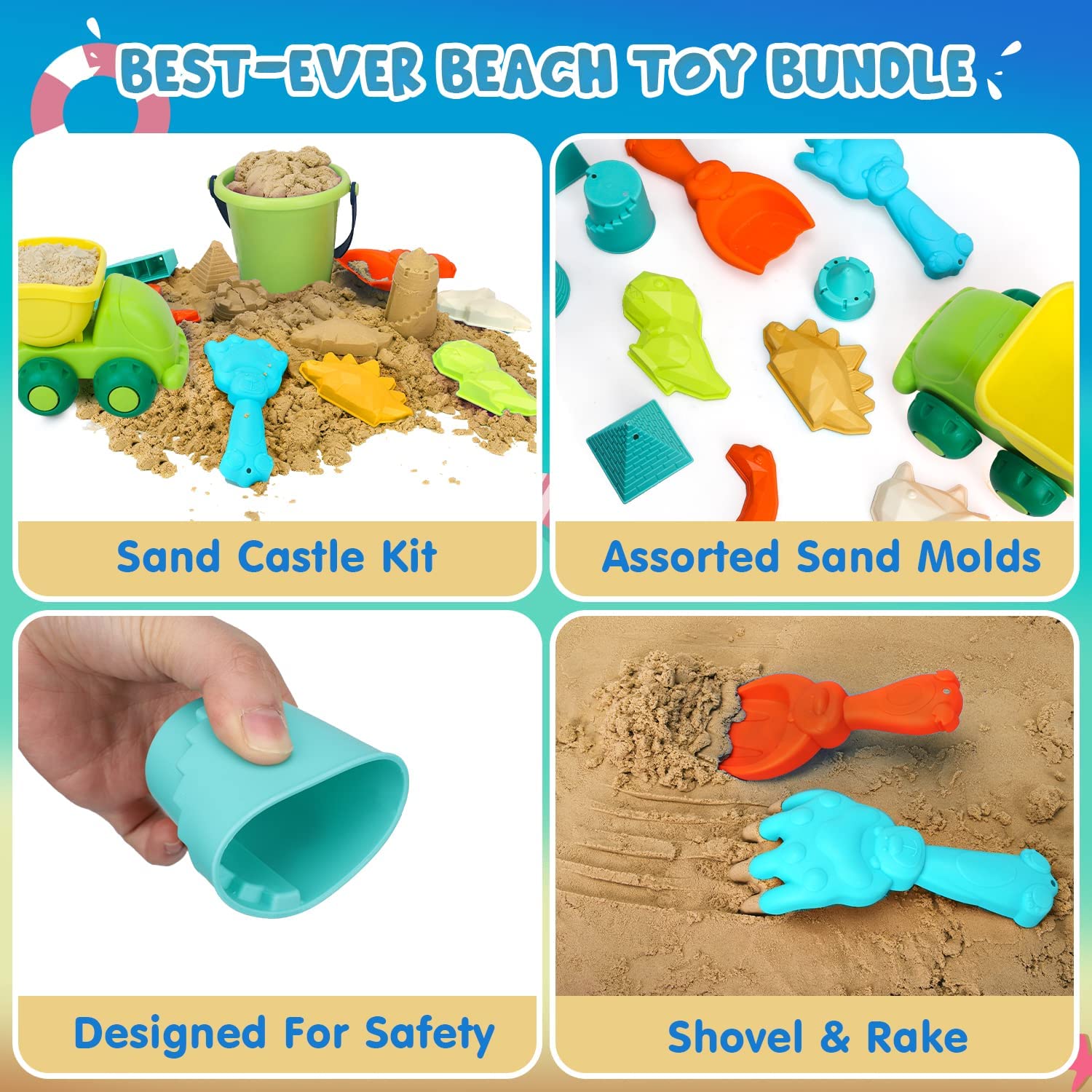 TOY Life Beach Toys for Kids Toddlers - Sand Toys for Kids Toddler, Sandbox Toy for Toddler with Beach Sand Bucket and Shovel, Dino Sand Castle Molds, Travel Beach Toys for Toddlers 3-4-6-7-8-9-10