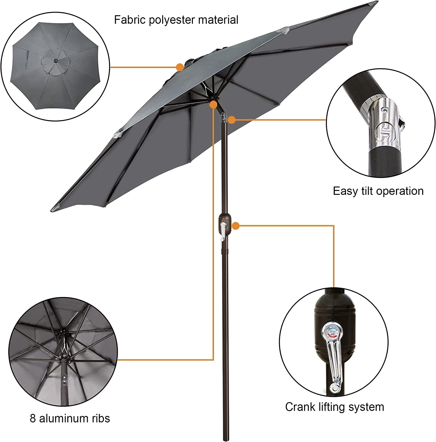 9' Outdoor Market Patio Umbrella with Push Button Tilt and Crank, 8 Ribs (Tan)