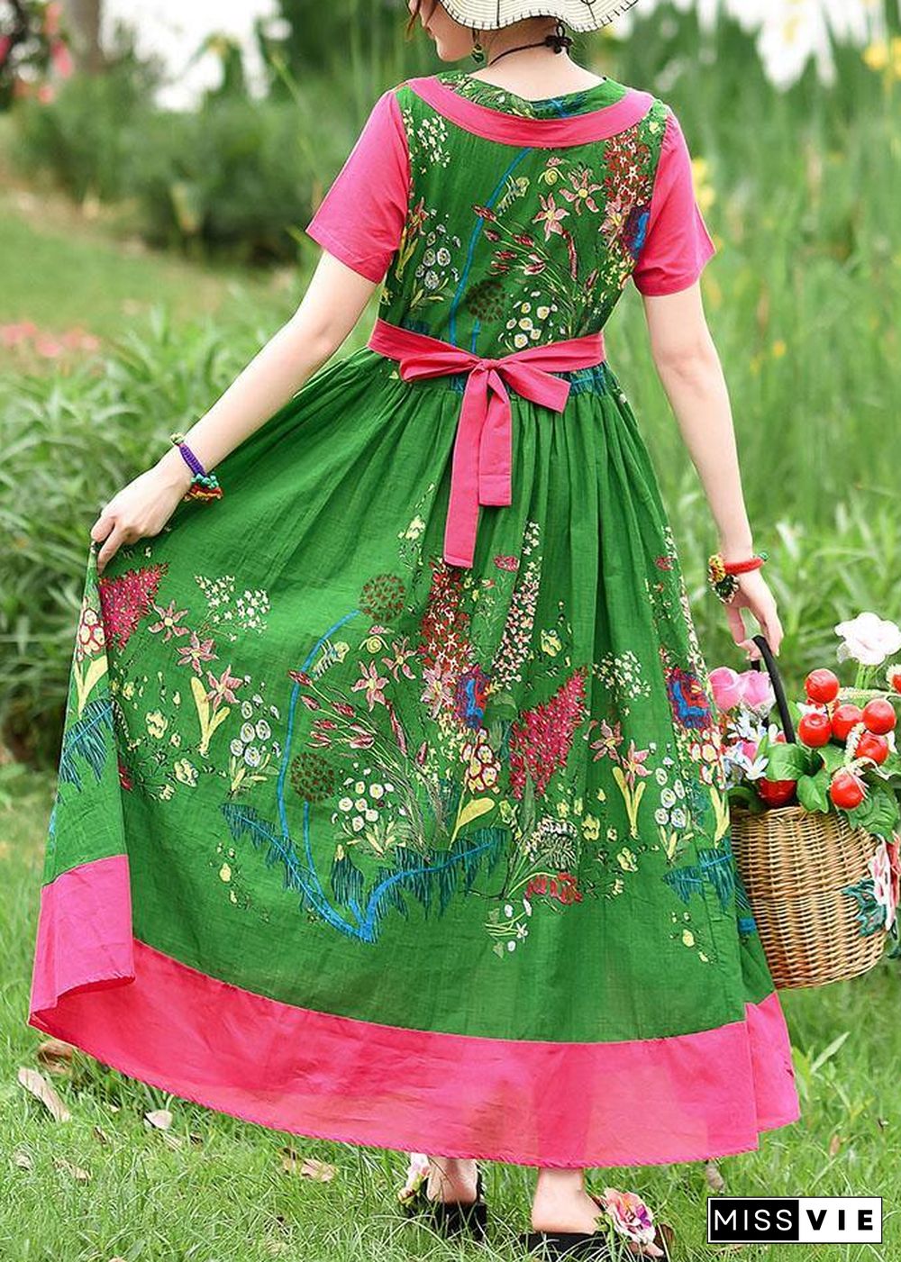 DIY tie waist patchwork cotton quilting dresses Runway green print Kaftan Dress summer