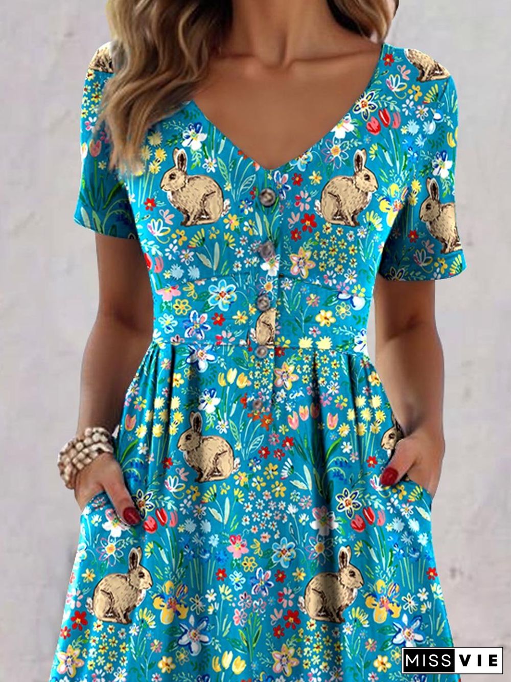 Women's Easter Bunny Floral Art Pattern Print Casual Dress