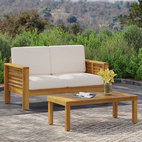 Acacia Wood Outdoor Loveseat and Coffee Table Set with Cushions