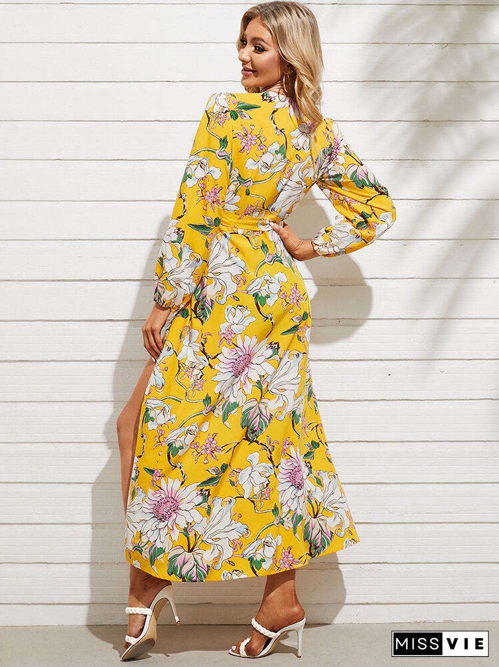 Flower Print Belt Split Long Sleeve V-neck Maxi Dress