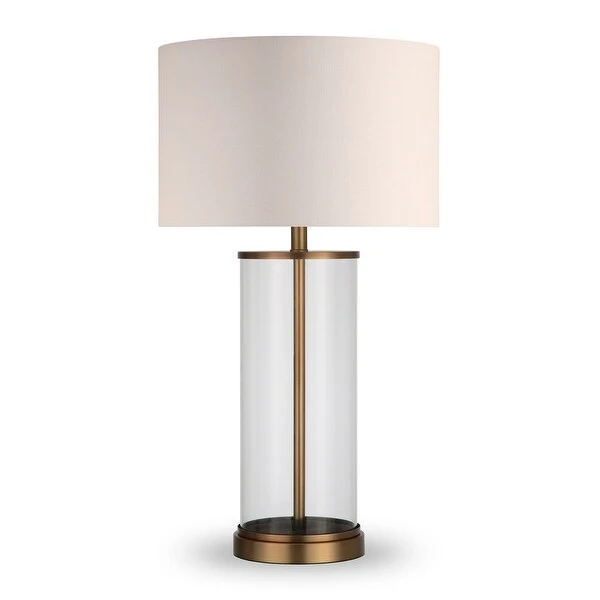 Reeves Cylindrical Clear Glass and Antique Brass Table Lamp with Linen Shade