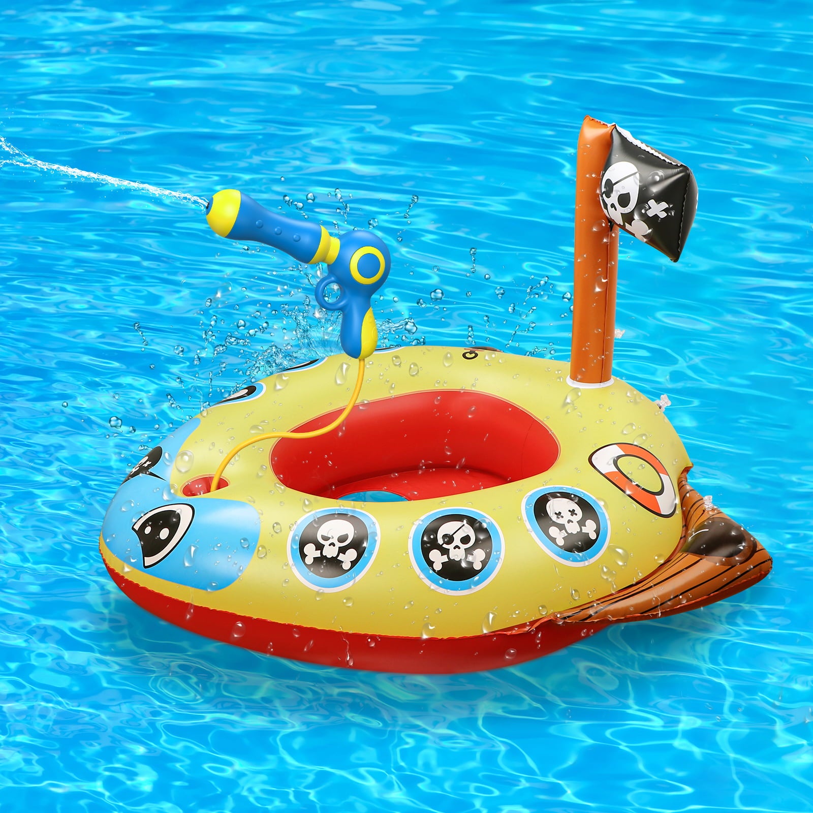 HopeRock Inflatable Pirate Boat Pool Float for Kids with Built-in Squirt Gun, Inflatable Ride-on for Kids Aged 3-8 Years