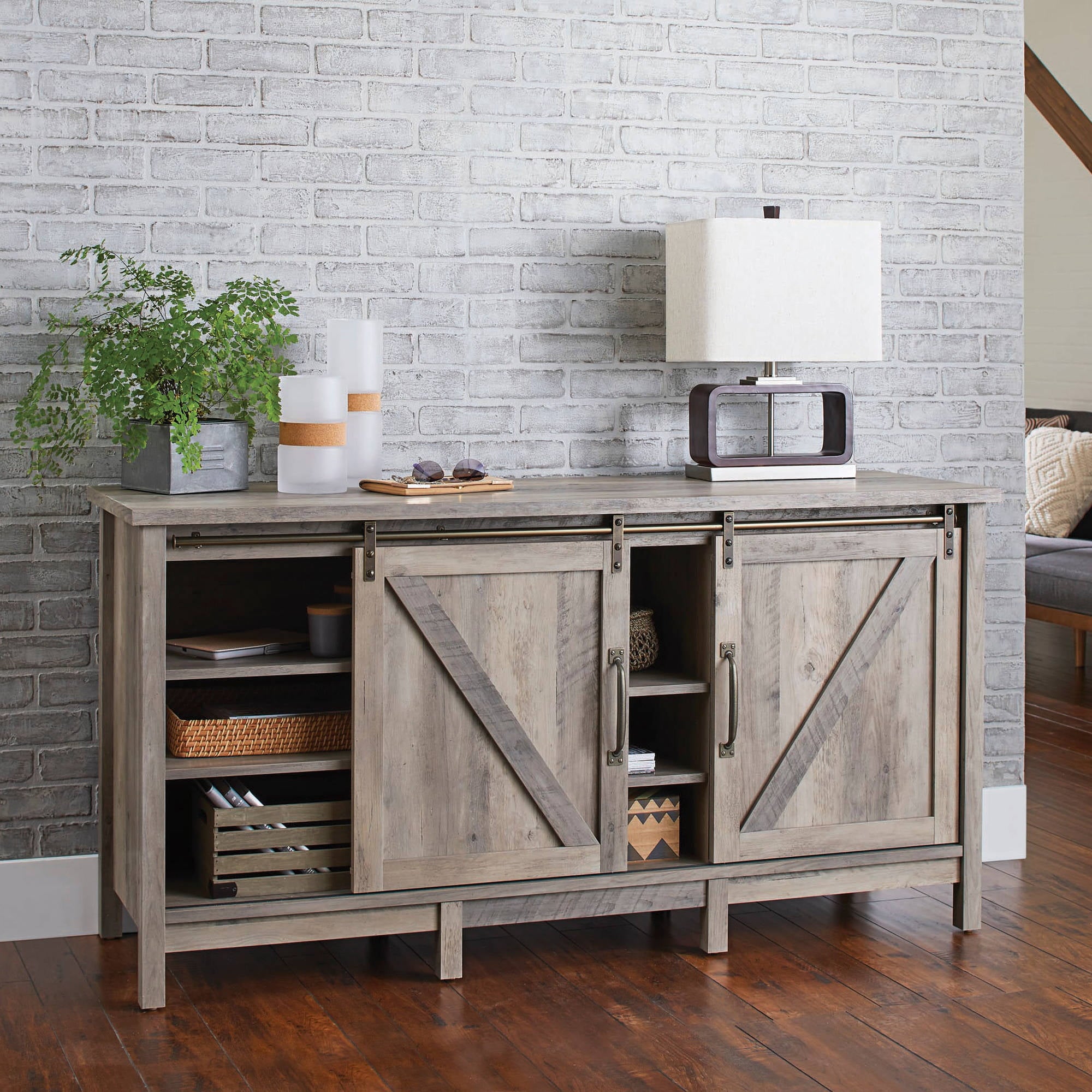 Better Homes & Gardens Modern Farmhouse TV Stand for TVs up to 70, Rustic Gray Finish