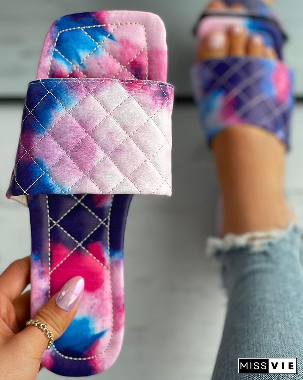 Quilted Tie Dye Print / Plain Squae Toe Slipper