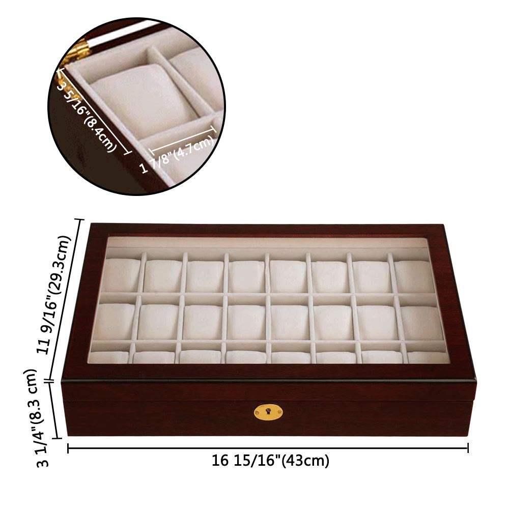 24-Slot Walnut Matte Finish Wood Watch Display Case