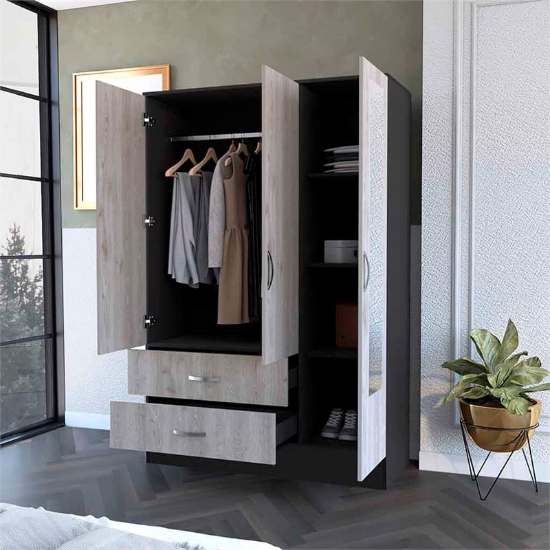 FM Furniture Florencia S Mirrored Modern Wood Armoire in Black Wenge/Light Oak