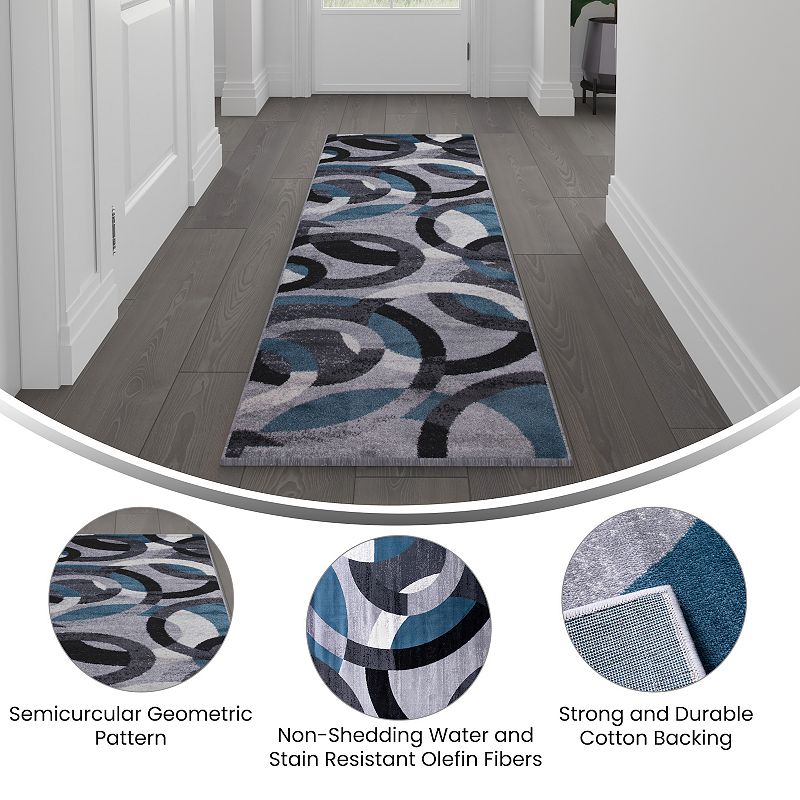 Masada Rugs Masada Rugs， Thatcher Collection Accent Rug with Interlocking Circle Pattern in Blue/Grey with Olefin Facing and Natural Jute Backing - 2'x7' Runner