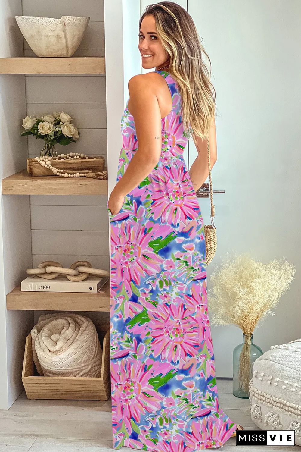 Pink Sleeveless High Waist Pocketed Floral Maxi Dress