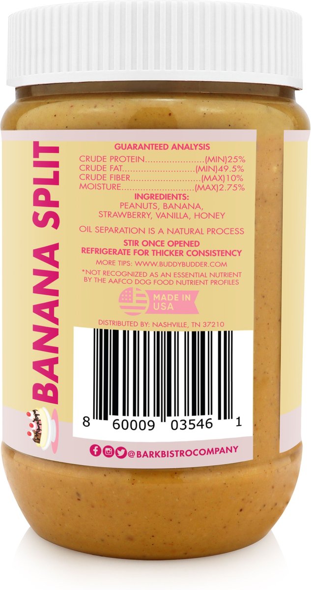 Bark Bistro Company Banana Split Buddy Budder Dog Treat， 17-oz jar