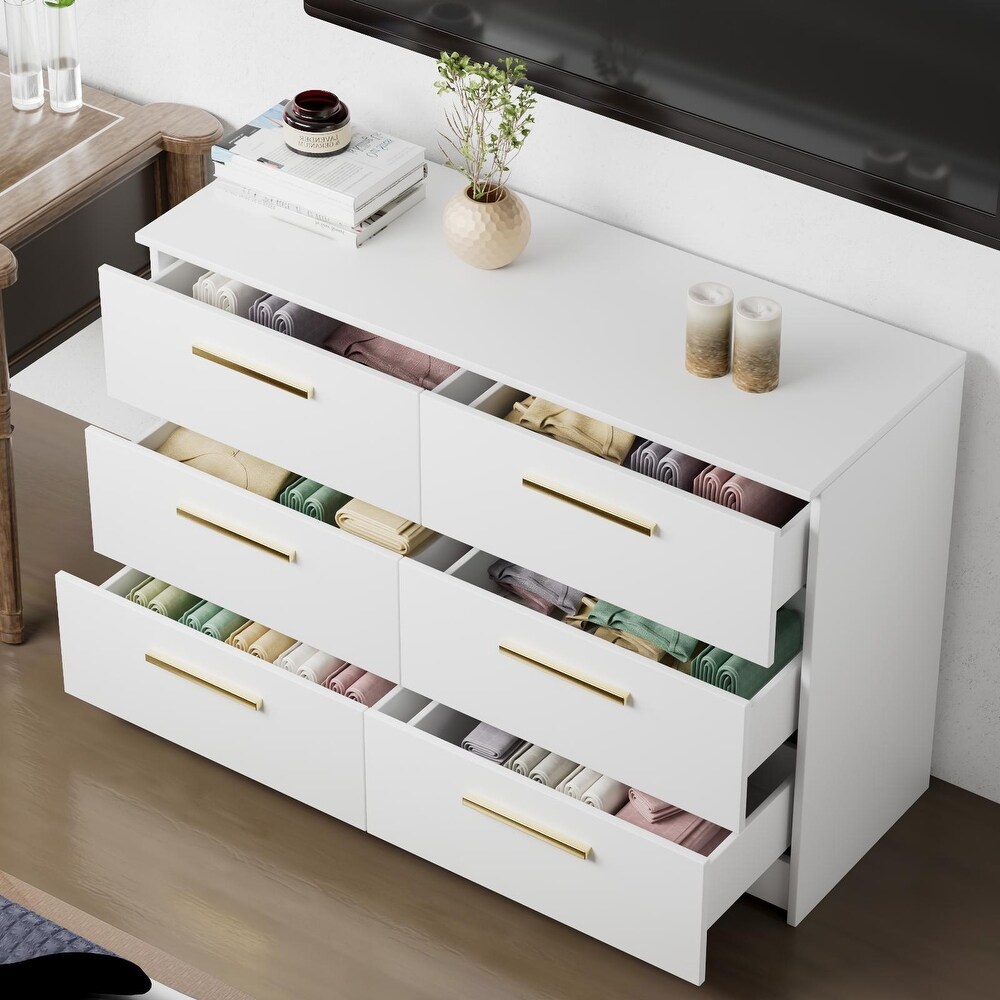 6 Wood Chest of Drawers with Large Space  Storage Organizer for Bedroom Tall Dresser with Modern Metal Handles  White