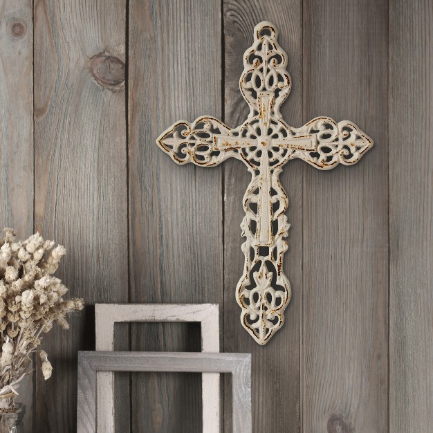 X 8 6 quot Decorative Distressed Cast Iron Wall Cross Worn White Stonebriar Collection