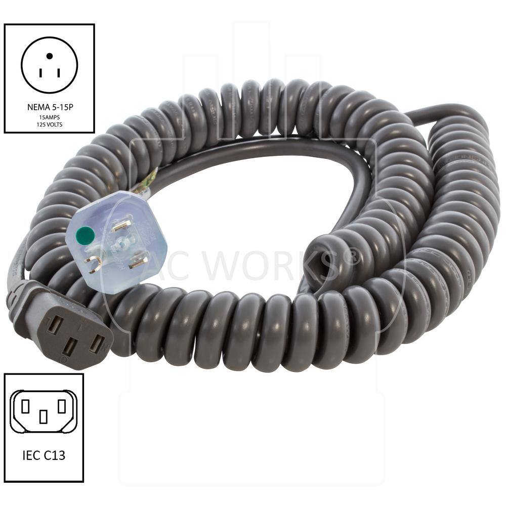 AC WORKS Up to 10 ft. 10 Amp 183 Coiled Medical Grade Power Cord with C13 Connector MDC515C13-V1