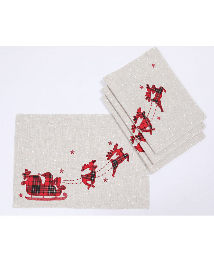 Manor Luxe Applique Tartan Santa Sleigh with Reindeers Christmas Placemats 14 x 20 Set of 4