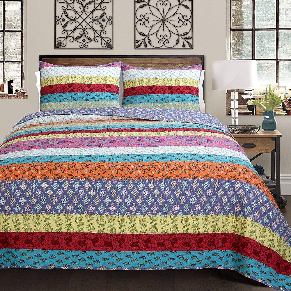 Cozy Line Kozlowski 3 Piece Rainbow Stripe Reversible Cotton Quilt Bedding Set